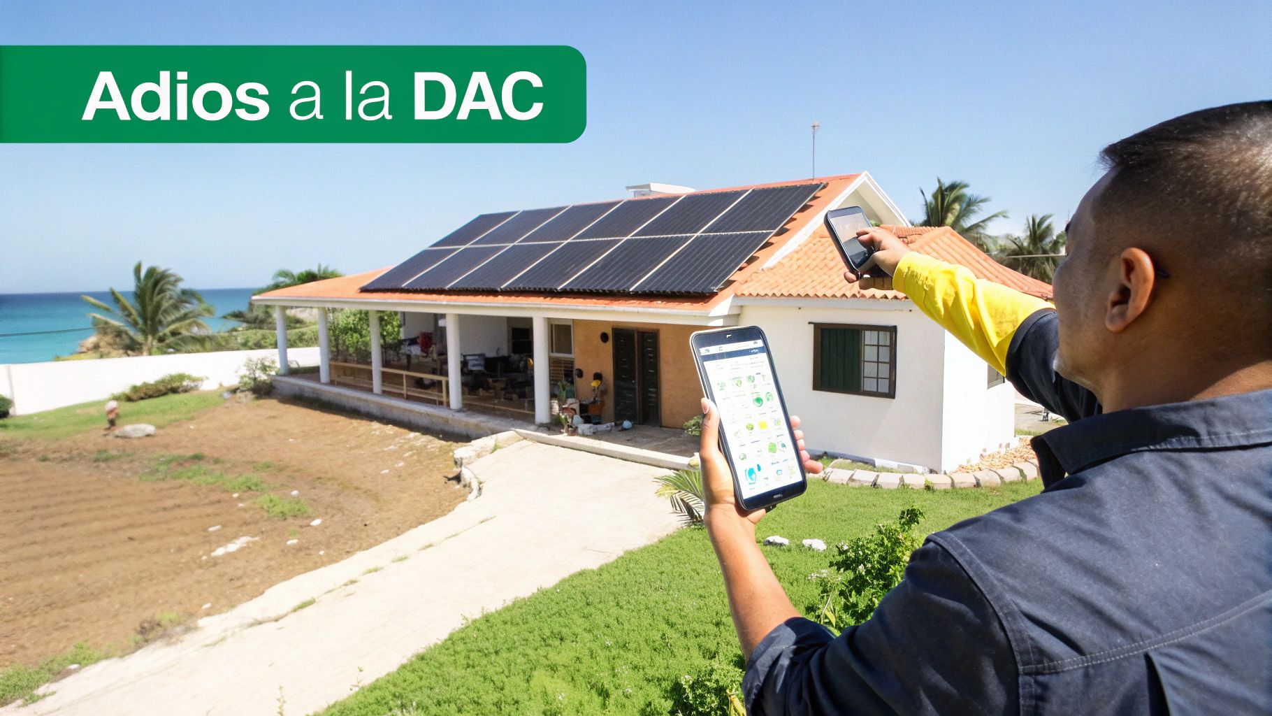 Paneles solares en casa junto al mar, hombre monitorea con celular, simbolizando "Adios a la DAC".