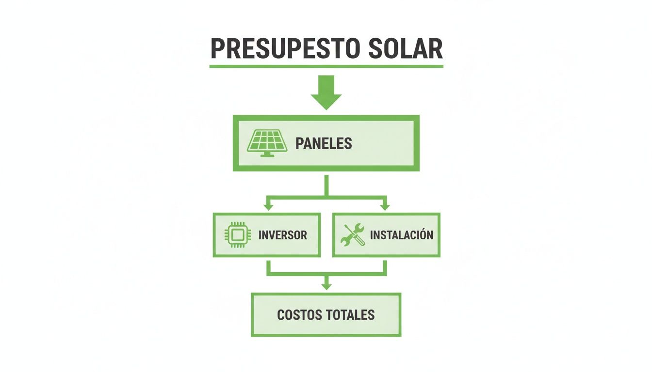 Diagrama de flujo que ilustra un presupuesto solar, desglosando costos de paneles, inversor e instalación para el total.