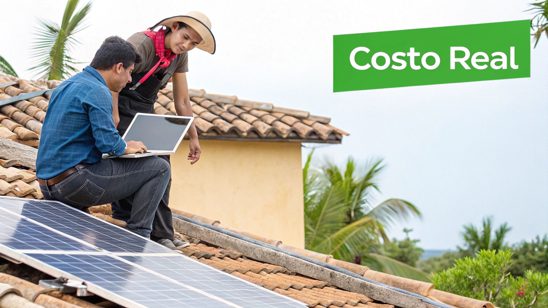 Dos hombres en un techo con paneles solares usando una laptop, con un cartel 'Costo Real'.