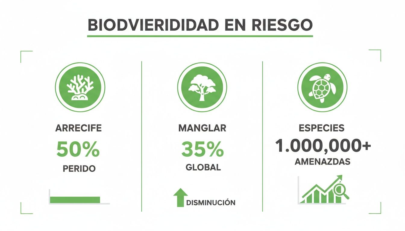 Infografía sobre biodiversidad en riesgo, mostrando la pérdida de arrecifes, disminución de manglares y especies amenazadas.