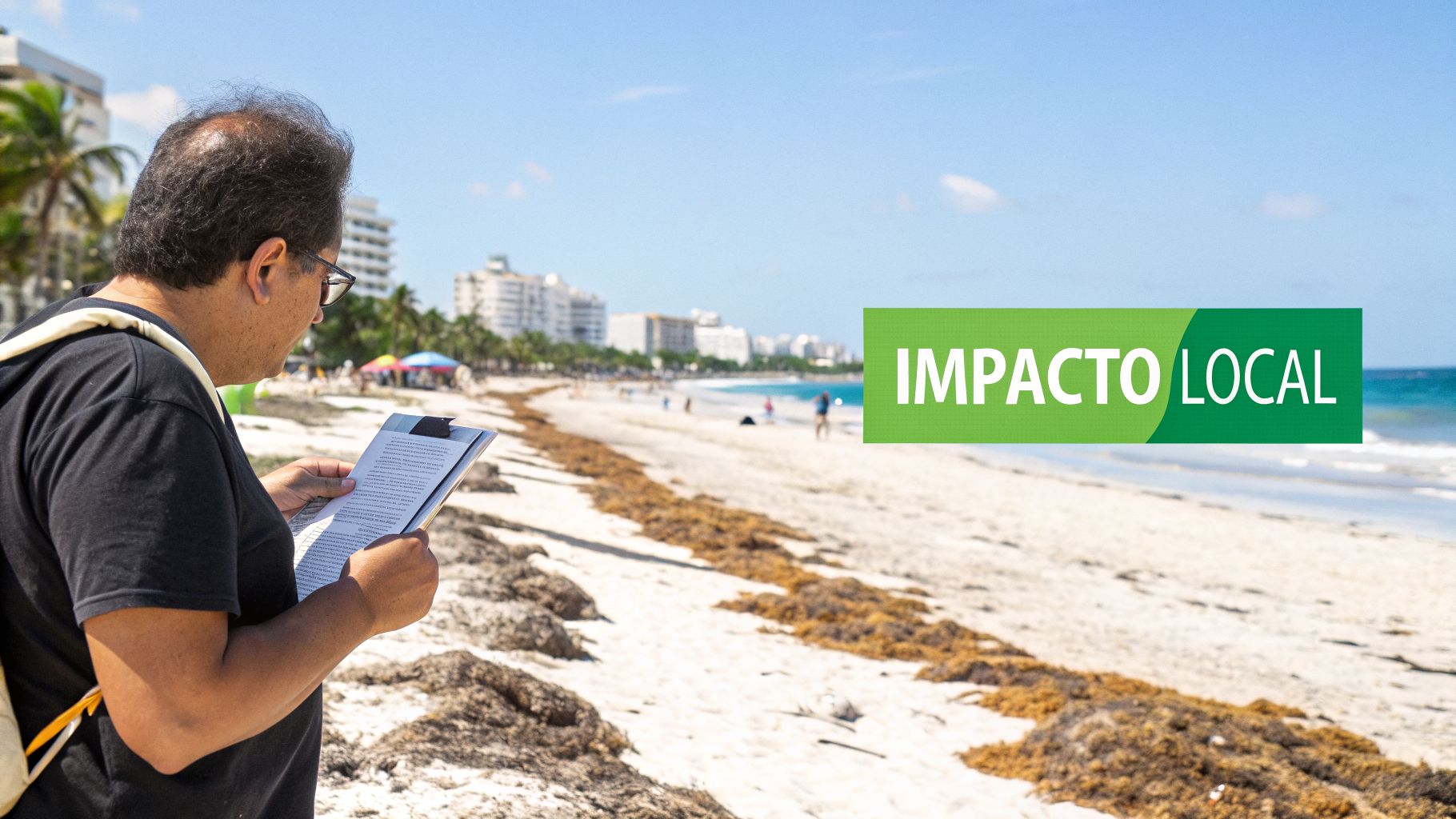 Hombre con gafas leyendo documentos en un portapapeles en una playa tropical con algas y edificios al fondo.