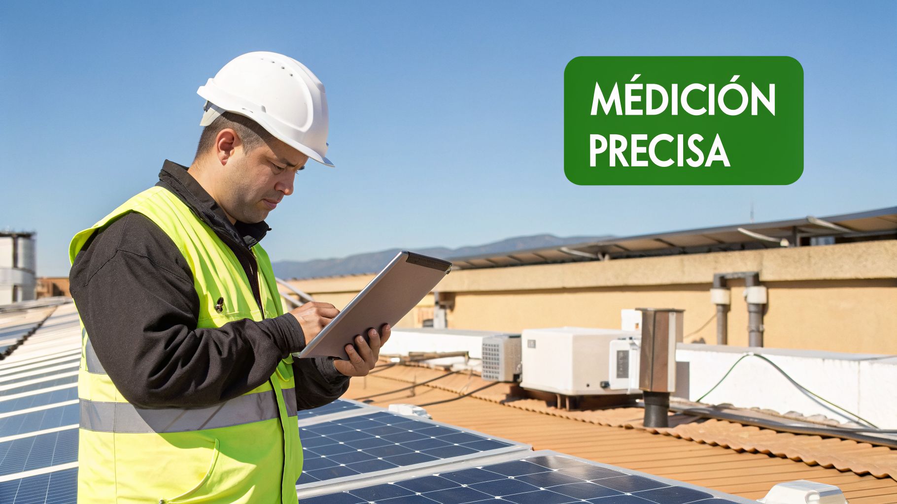 Ingeniero con casco y chaleco de seguridad inspeccionando paneles solares en azotea con una tablet. MEDICIÓN PRECISA.