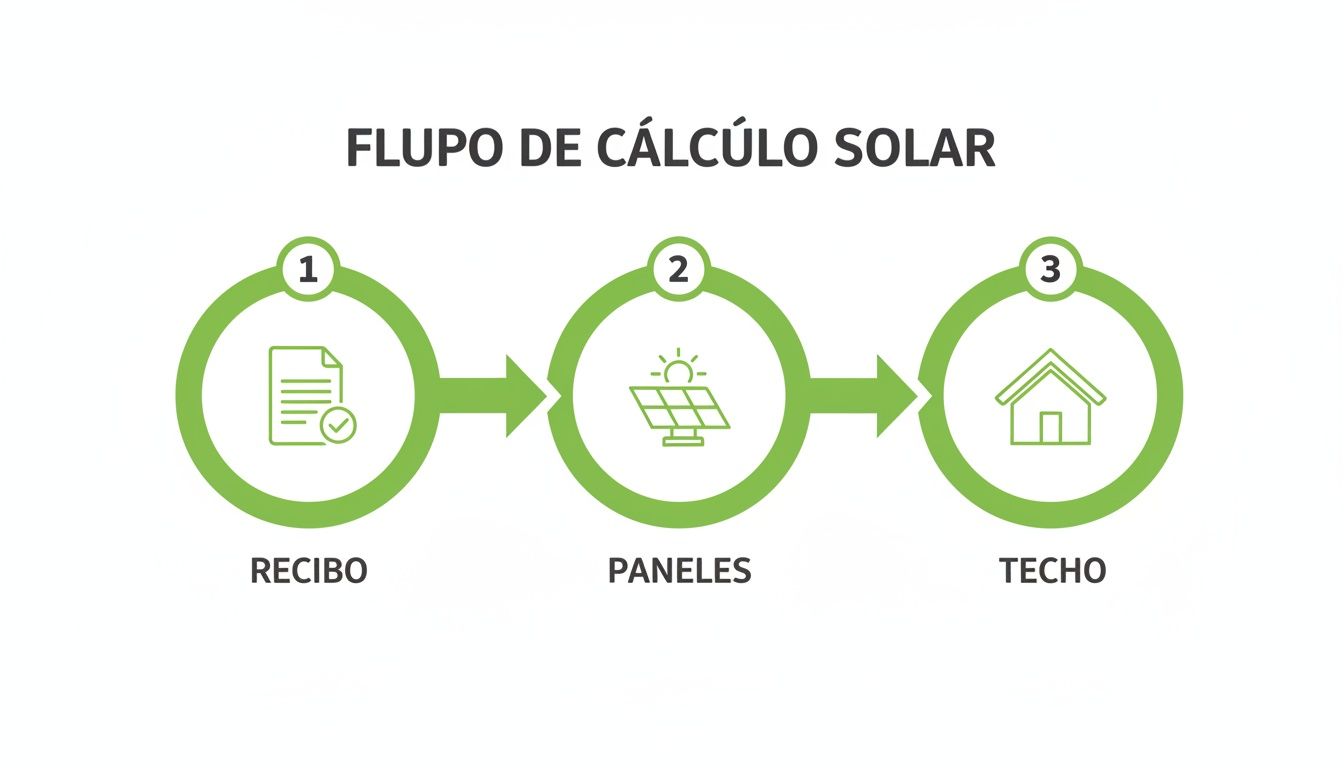 Diagrama de flujo para el cálculo solar, mostrando los pasos de recibo, paneles y techo.