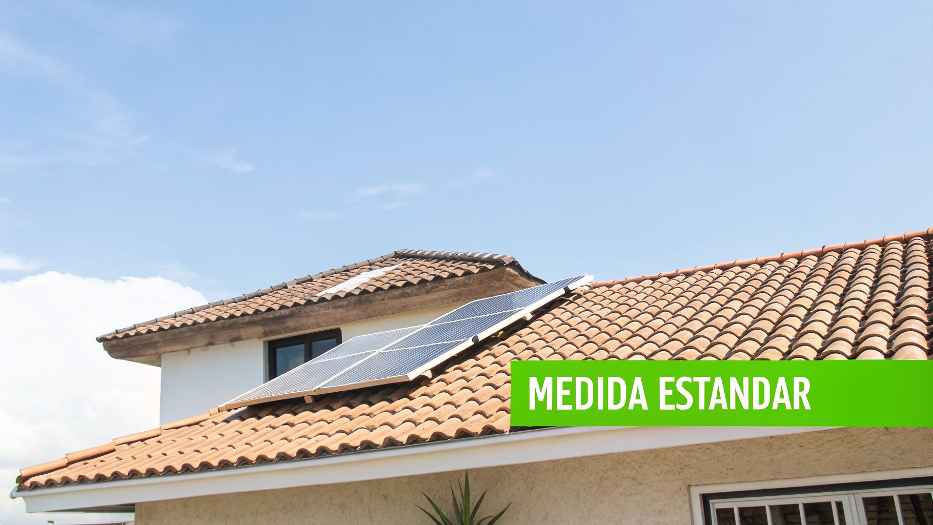 Paneles solares residenciales instalados en un tejado de tejas de terracota bajo un cielo azul claro.