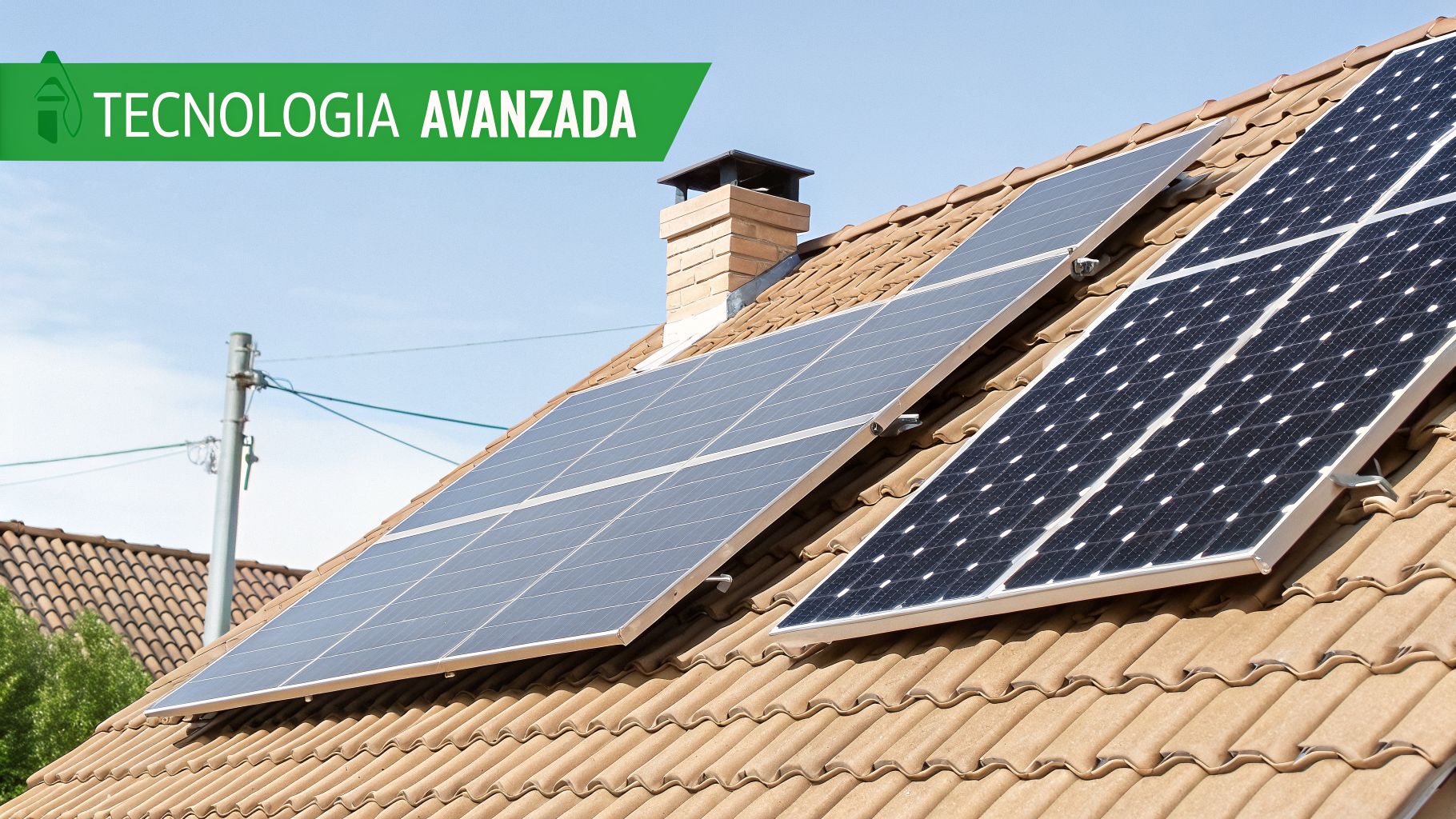 Paneles solares modernos instalados en un tejado de tejas, bajo un cielo azul claro, simbolizando tecnología avanzada y energía renovable.