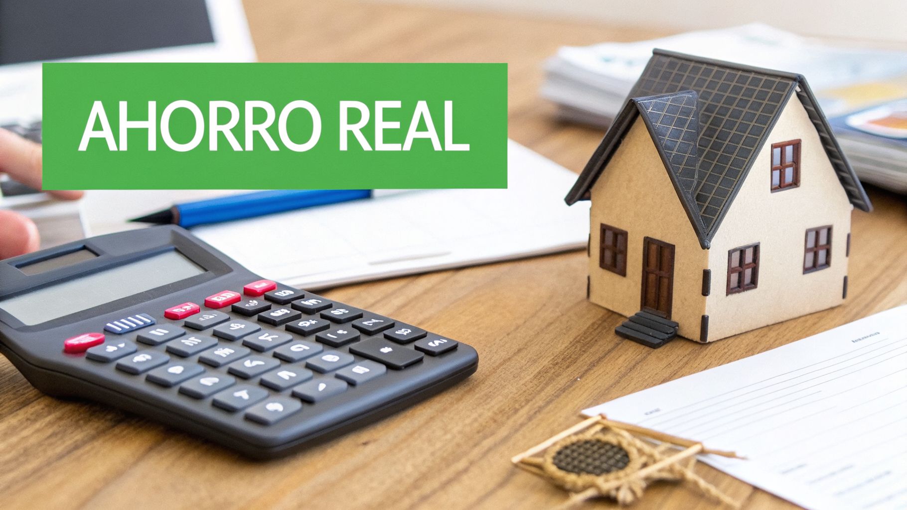 Calculadora, casa en miniatura y documentos sobre una mesa de madera con el texto 'AHORRO REAL'.