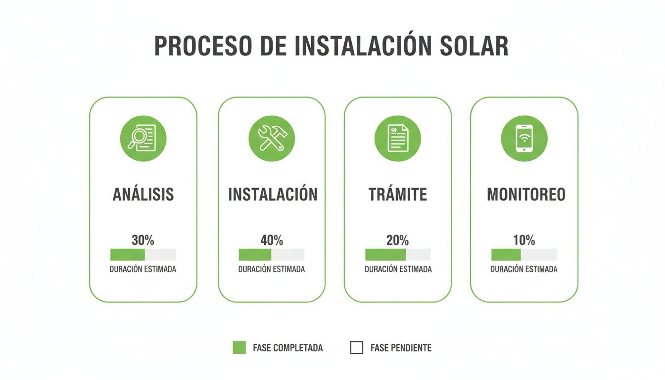 Infografía del proceso de instalación solar con fases de análisis, instalación, trámite y monitoreo, mostrando duración estimada.