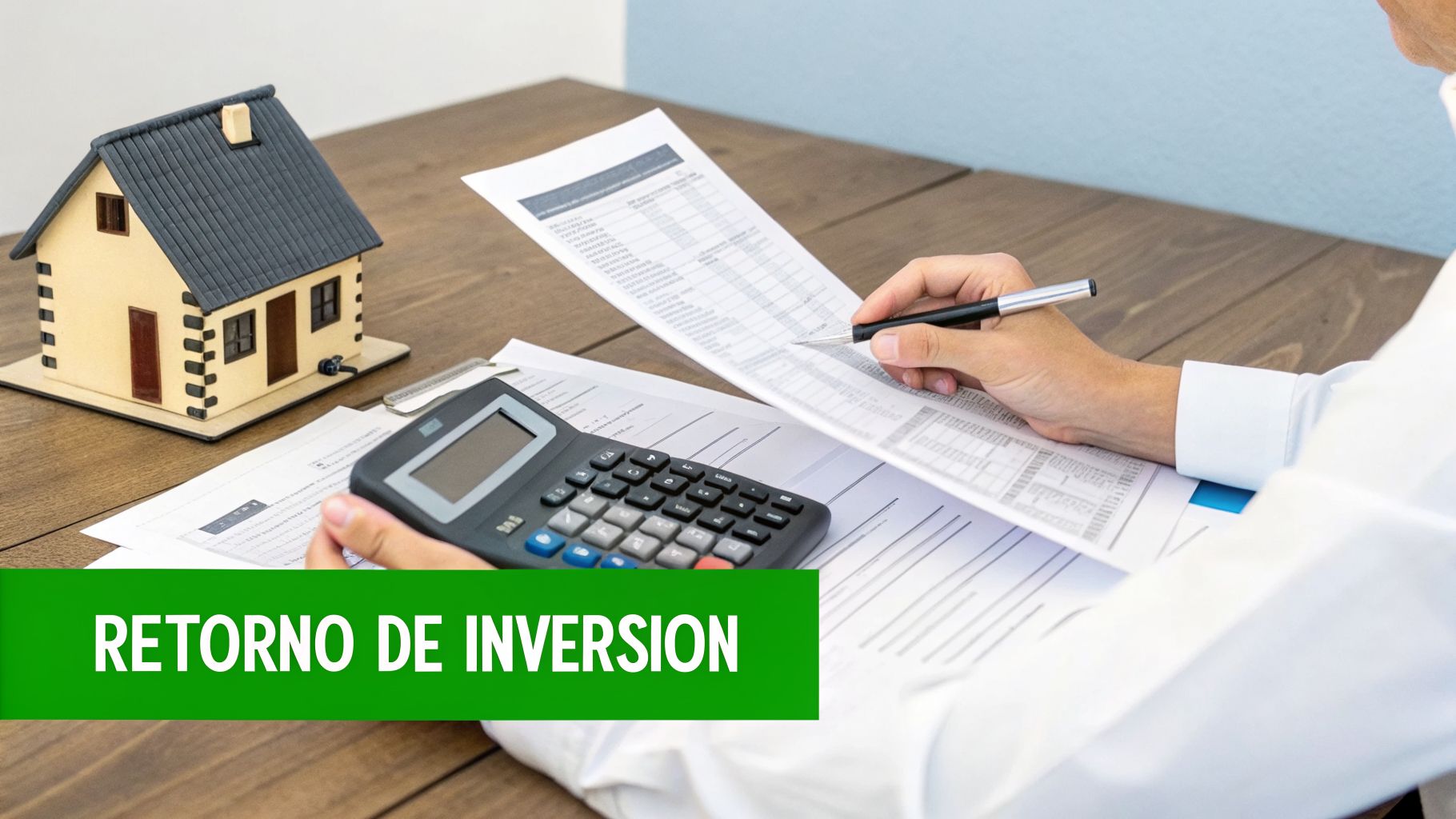 Persona calculando el retorno de inversión de una propiedad con un modelo de casa y documentos financieros.
