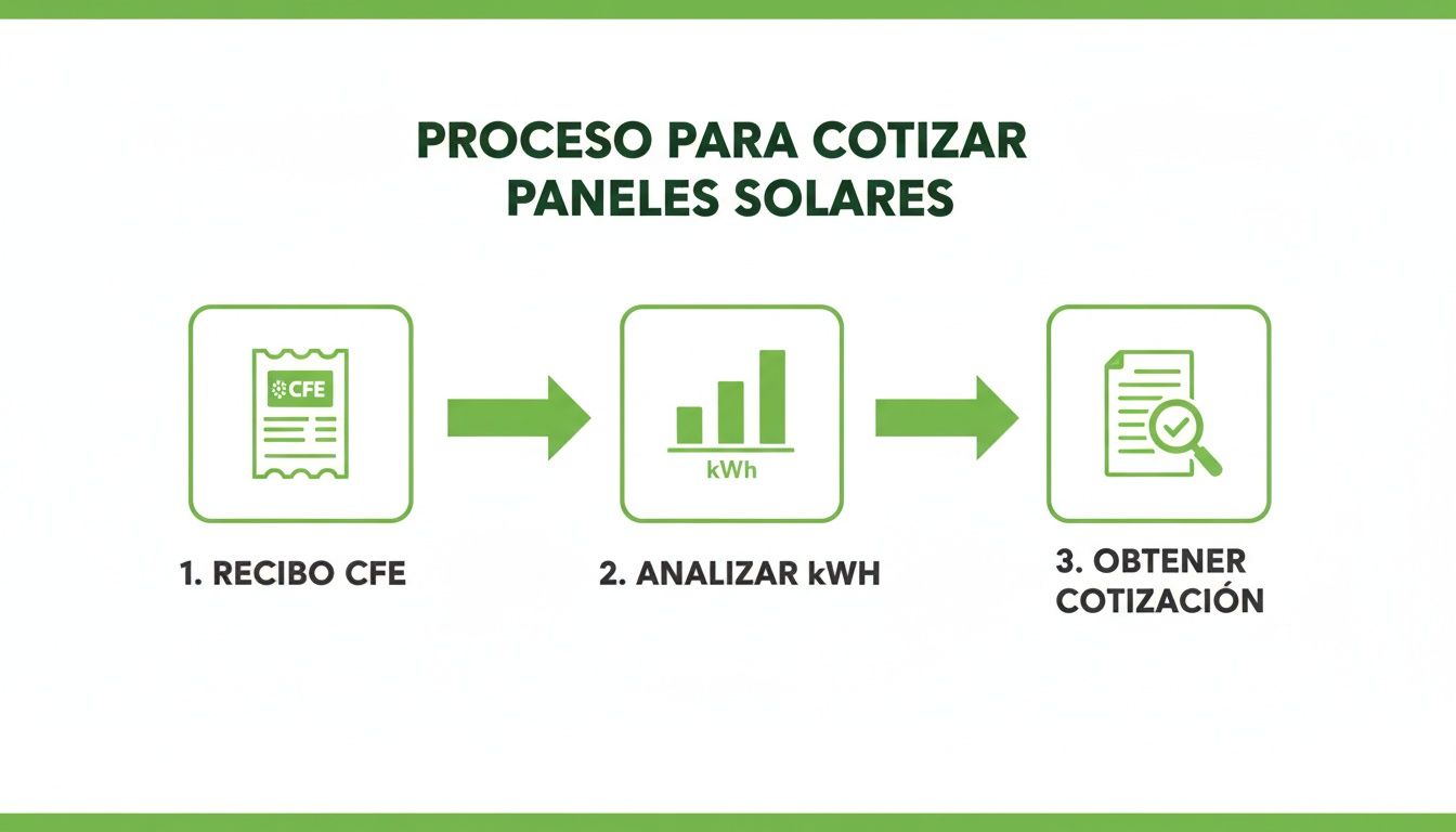 Diagrama que muestra el proceso de tres pasos para cotizar paneles solares: recibo CFE, análisis de kWh y obtención de cotización.