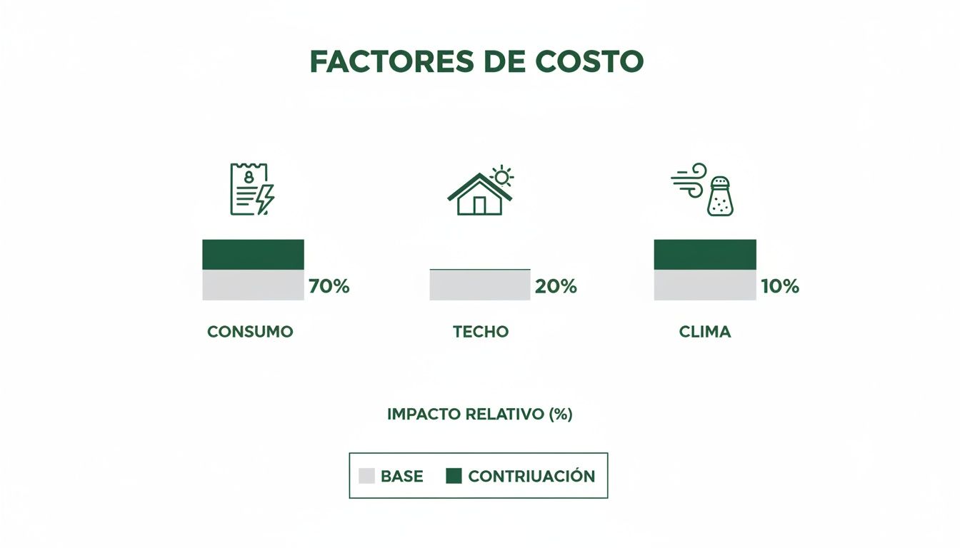 Gráfico de barras que muestra los factores de costo de energía solar: consumo (70%), techo (20%) y clima (10%).
