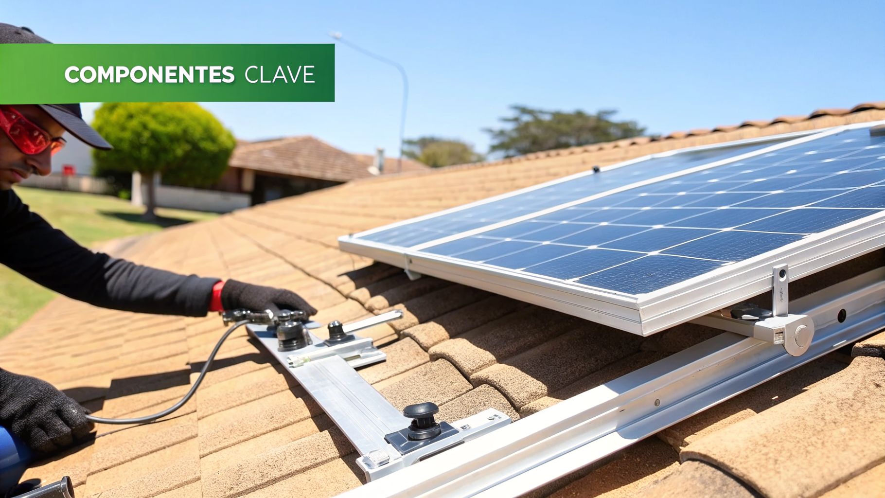 Trabajador instala paneles solares en un techo de tejas, fijando los componentes clave de la estructura.