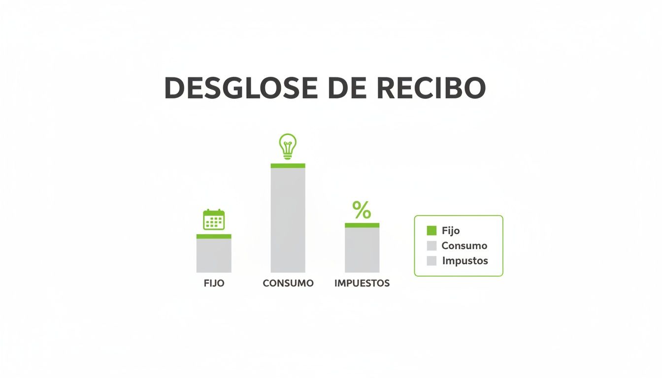 Gráfico de barras que detalla un recibo de energía, mostrando componentes como costo fijo, consumo e impuestos.