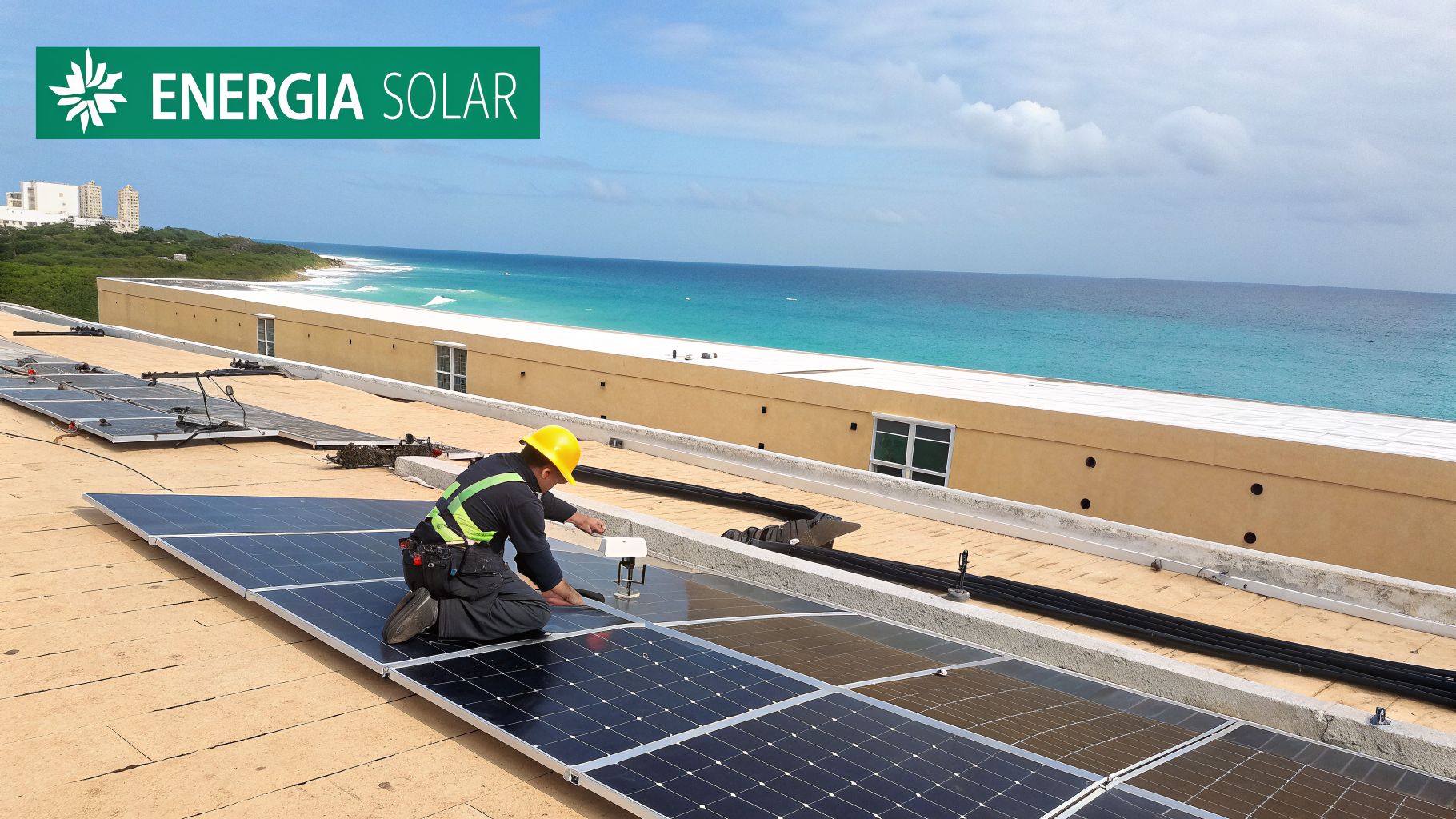 Hombre instala paneles solares en un tejado con vista al mar y la playa bajo un cielo azul.