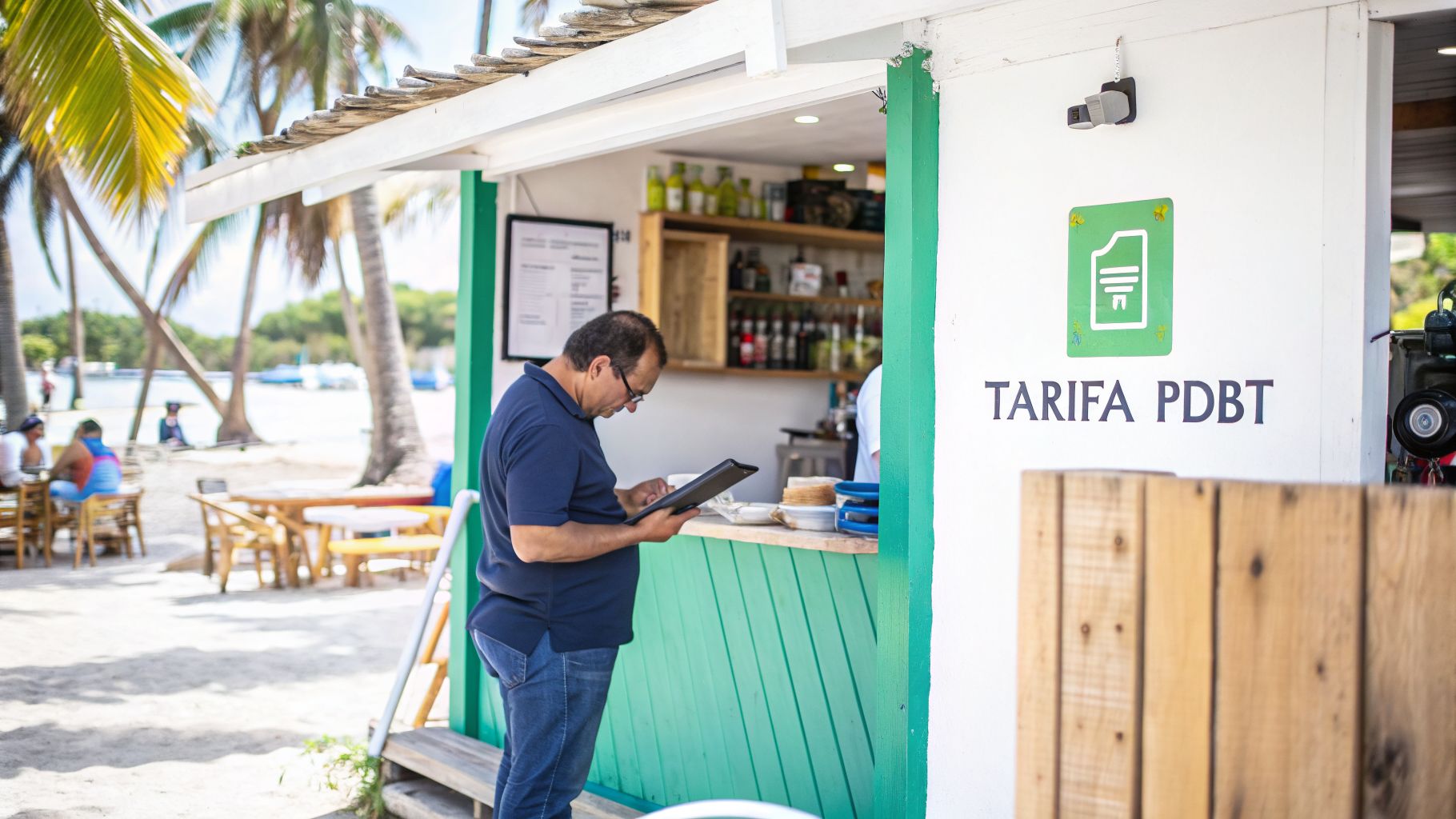 Hombre consultando una tableta en un bar de playa con palmeras y el letrero 'TARIFA PDBT'.