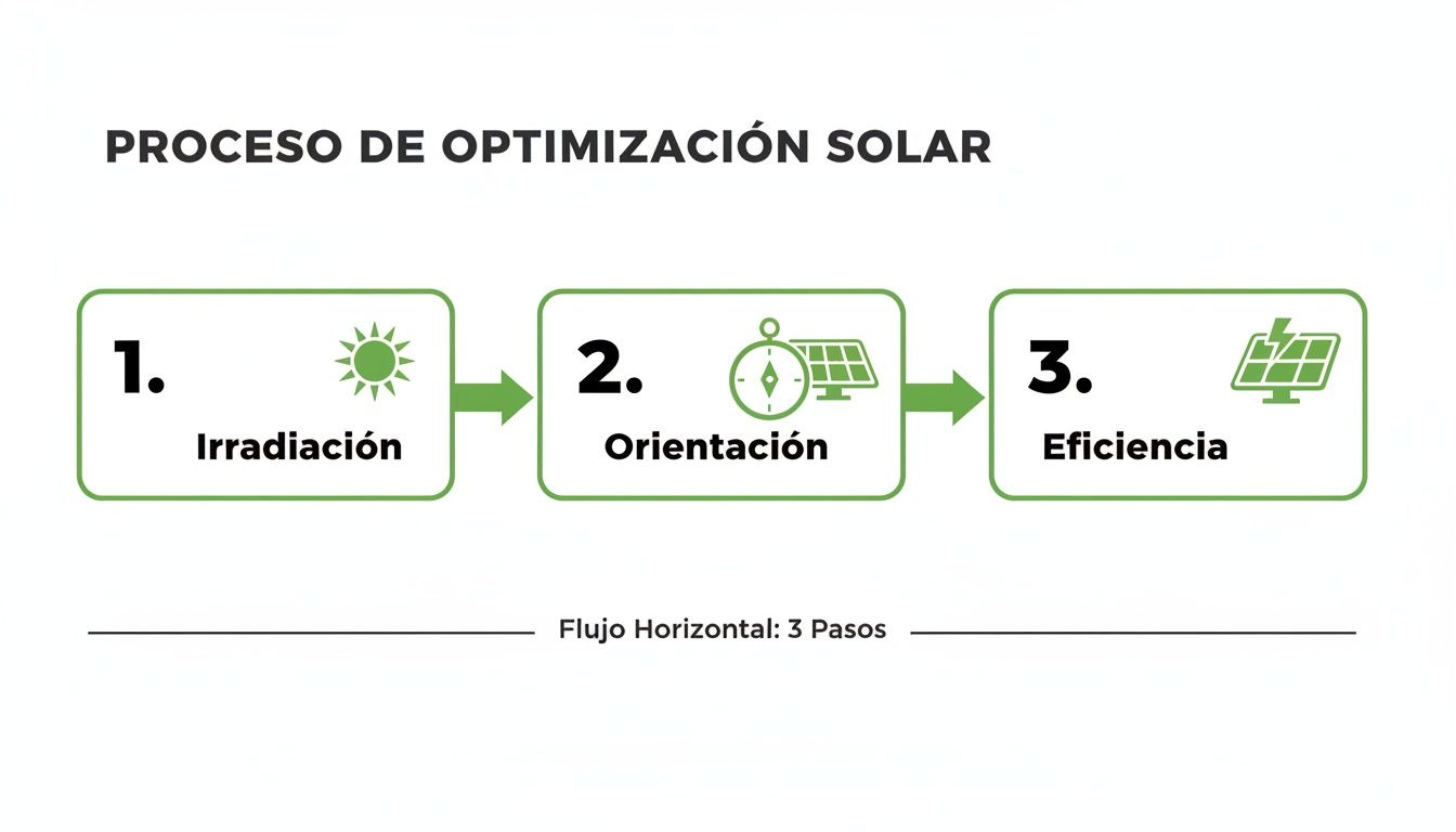 Diagrama de flujo horizontal que ilustra el proceso de optimización solar en tres pasos: irradiación, orientación y eficiencia.