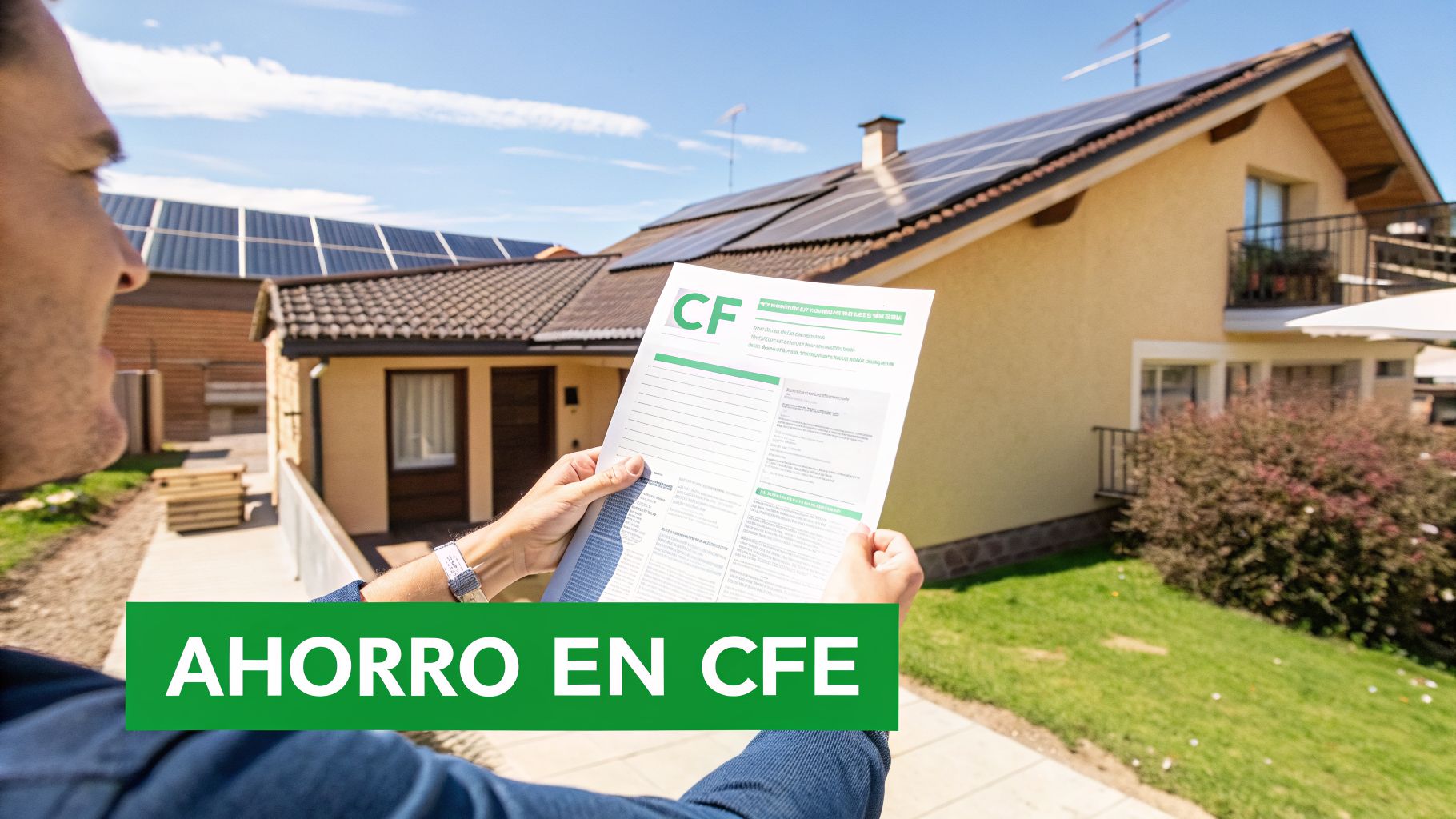 Hombre examinando un documento de CFE con logo CF frente a una casa con paneles solares en el tejado.