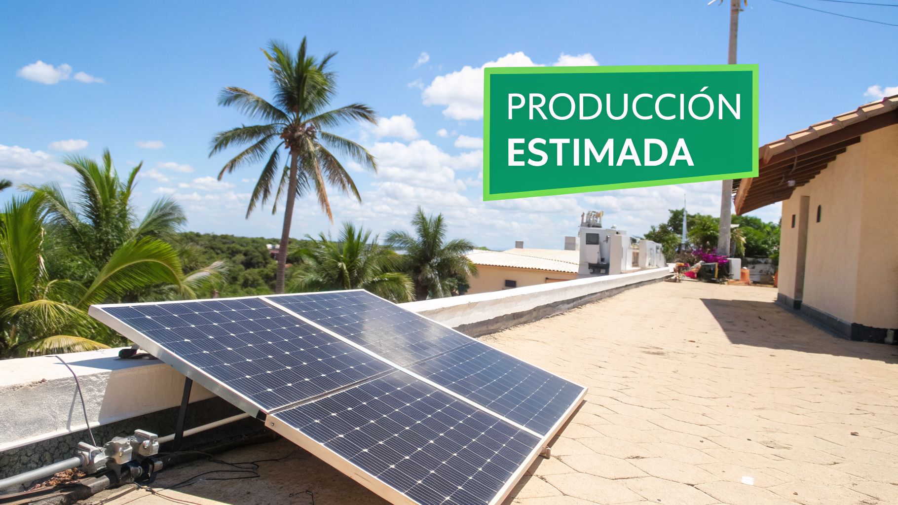 Paneles solares en un tejado bajo un cielo azul con palmeras, mostrando "PRODUCCIÓN ESTIMADA".