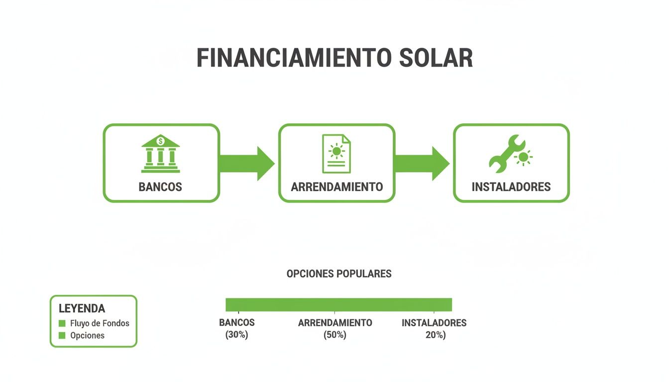 Diagrama de financiamiento solar mostrando el flujo de fondos entre bancos, arrendamiento e instaladores, y opciones populares.