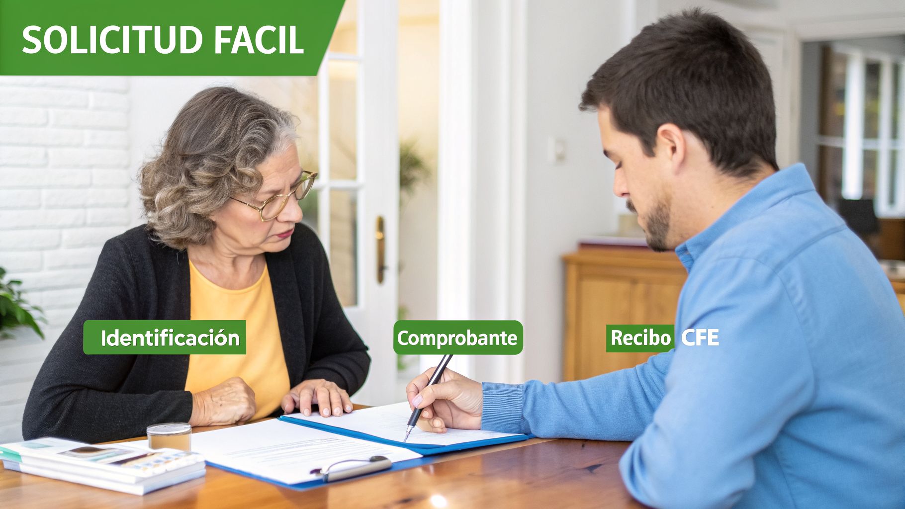 Dos personas tramitando una solicitud fácil, mostrando documentos como identificación y recibo CFE en una mesa.