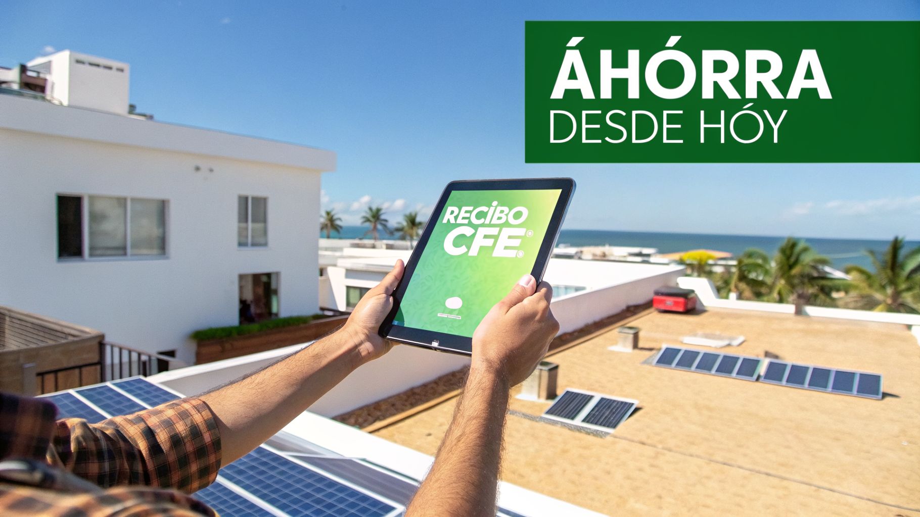 Hombre viendo su recibo CFE en tablet, con paneles solares en el techo y el mar.