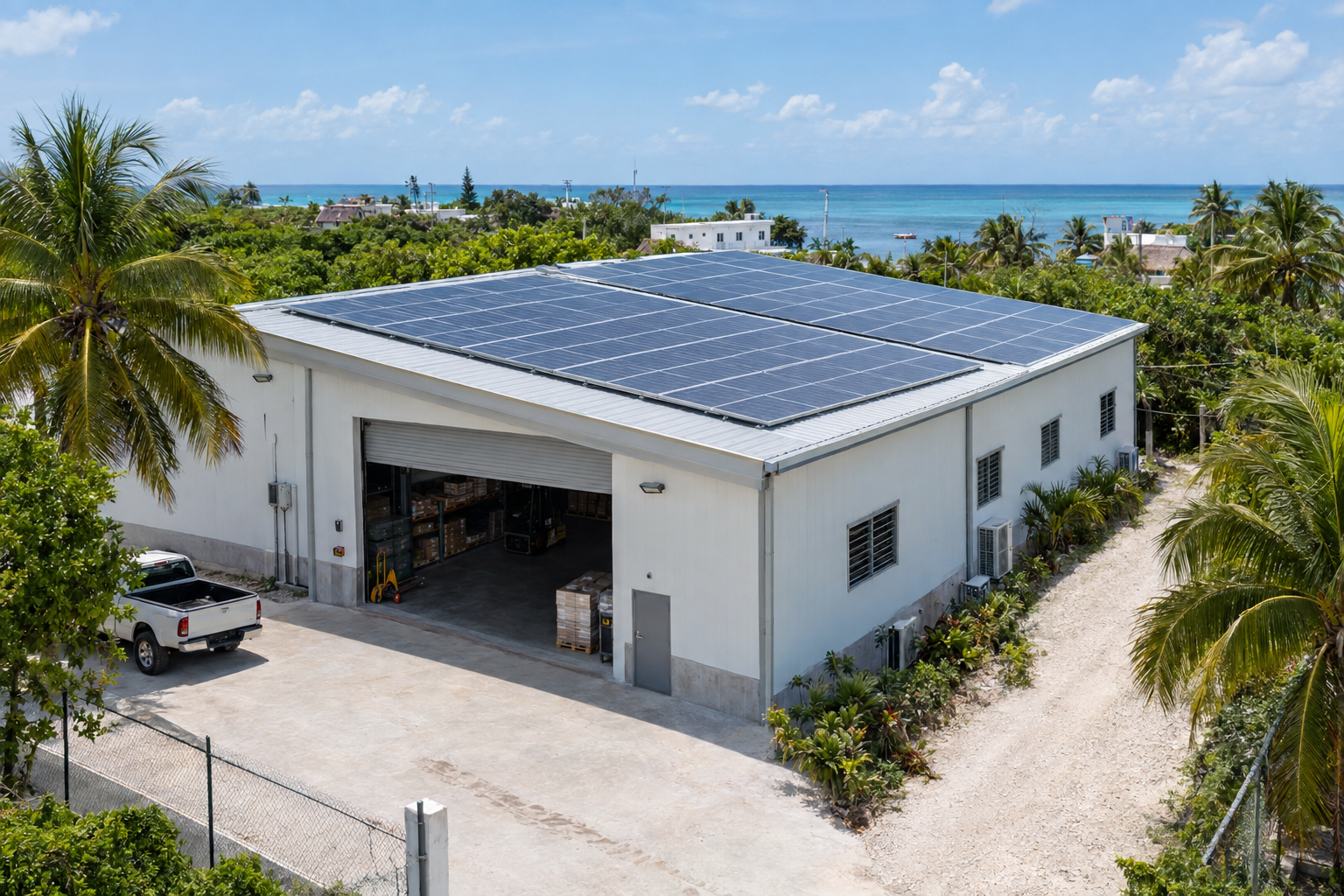 Bodega pequeña en Puerto Morelos con paneles solares instalados en el techo