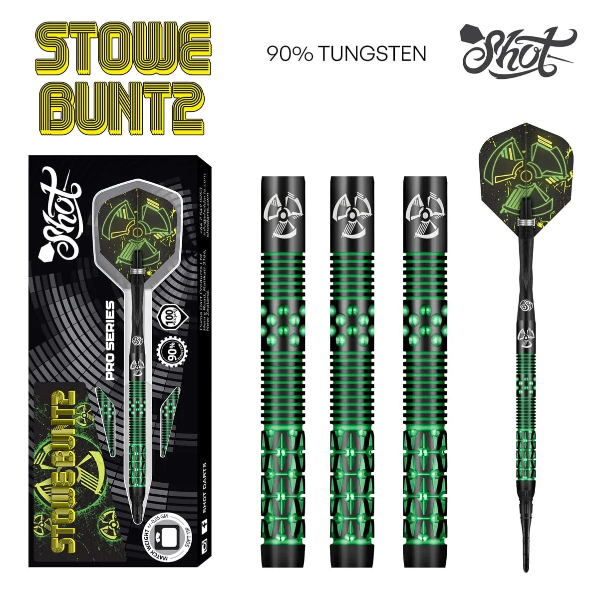 Shot Pro Series–Stowe Buntz 2.0 Titanium Black Soft Tip Dart Set-90% Tungsten Barrels
