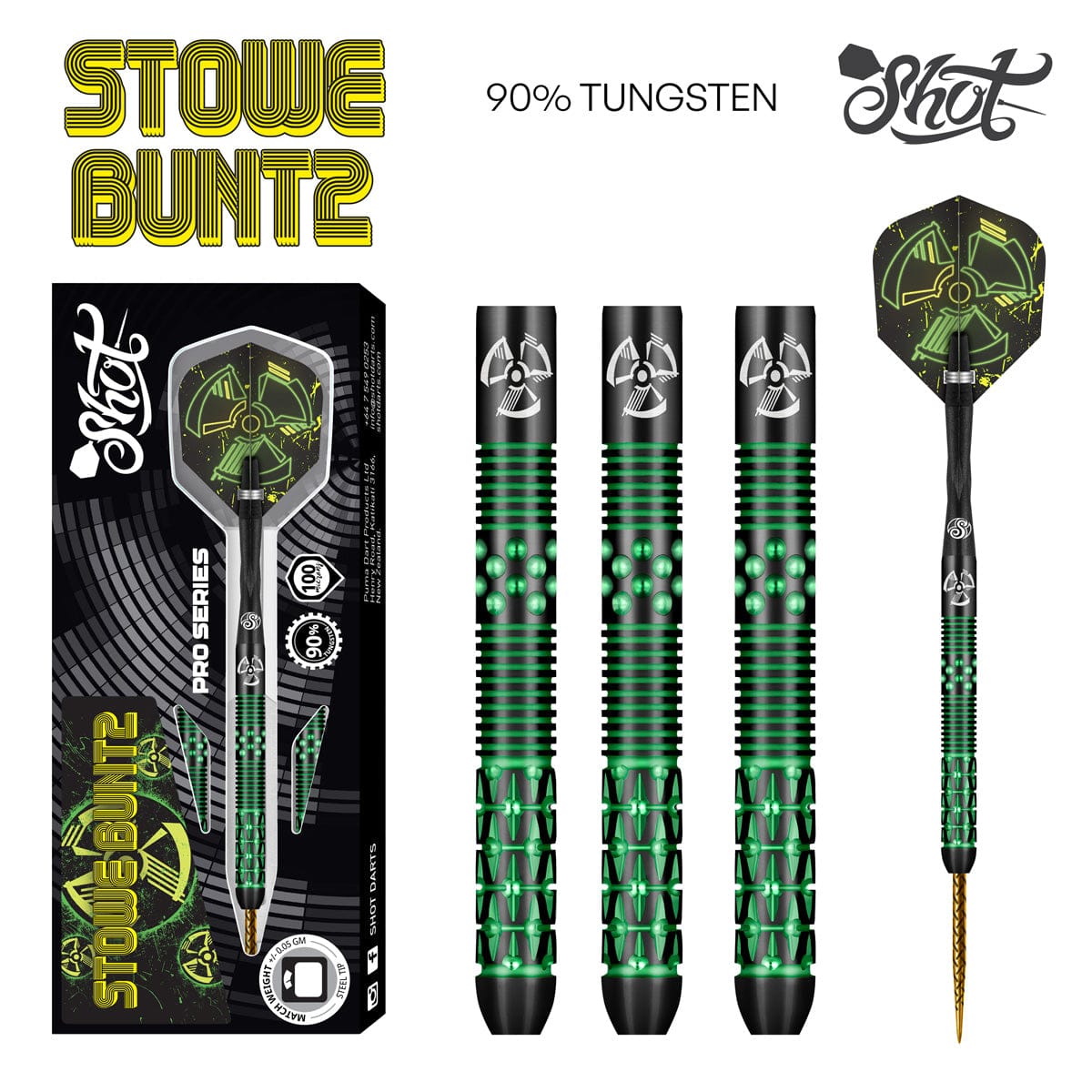 Shot Pro Series–Stowe Buntz 2.0 Titanium Black Steel Tip Dart Set-90% Tungsten Barrels