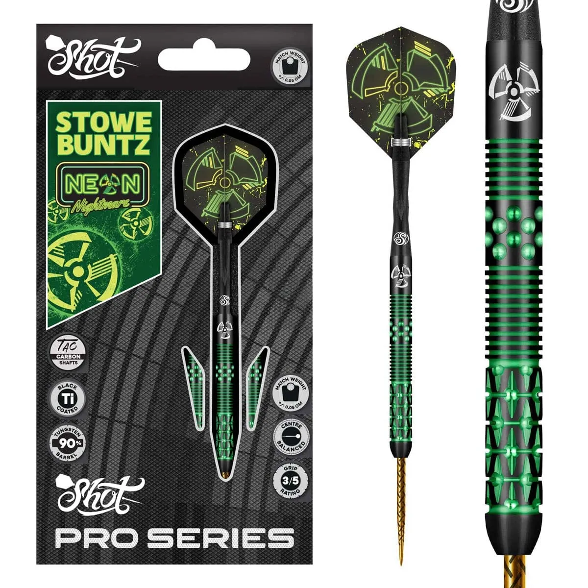 Shot Pro Series–Stowe Buntz 2.0 Titanium Black Steel Tip Dart Set-90% Tungsten Barrels