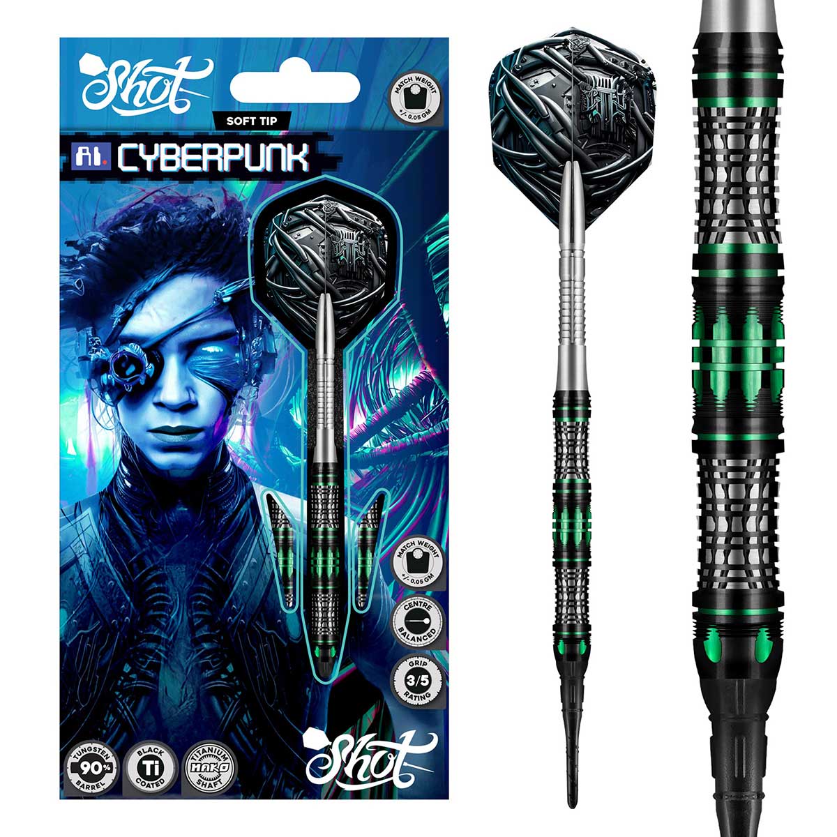 AI Cyberpunk Soft Tip Dart Set-90% Tungsten Barrels