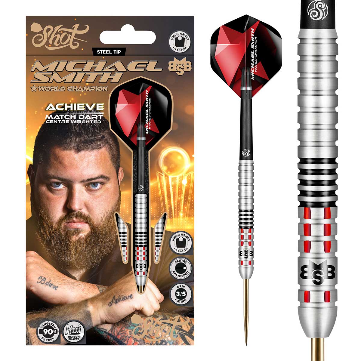 Michael Smith Achieve Steel Tip Dart Set-90% Tungsten Barrels