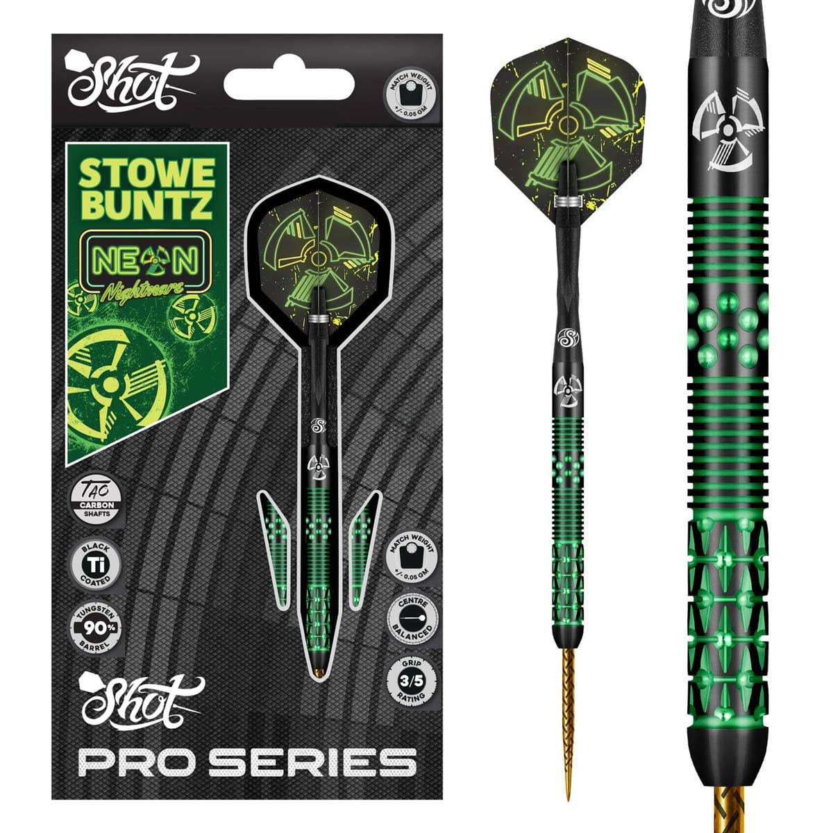 Shot Pro Series–Stowe Buntz 2.0 Titanium Black Steel Tip Dart Set-90% Tungsten Barrels
