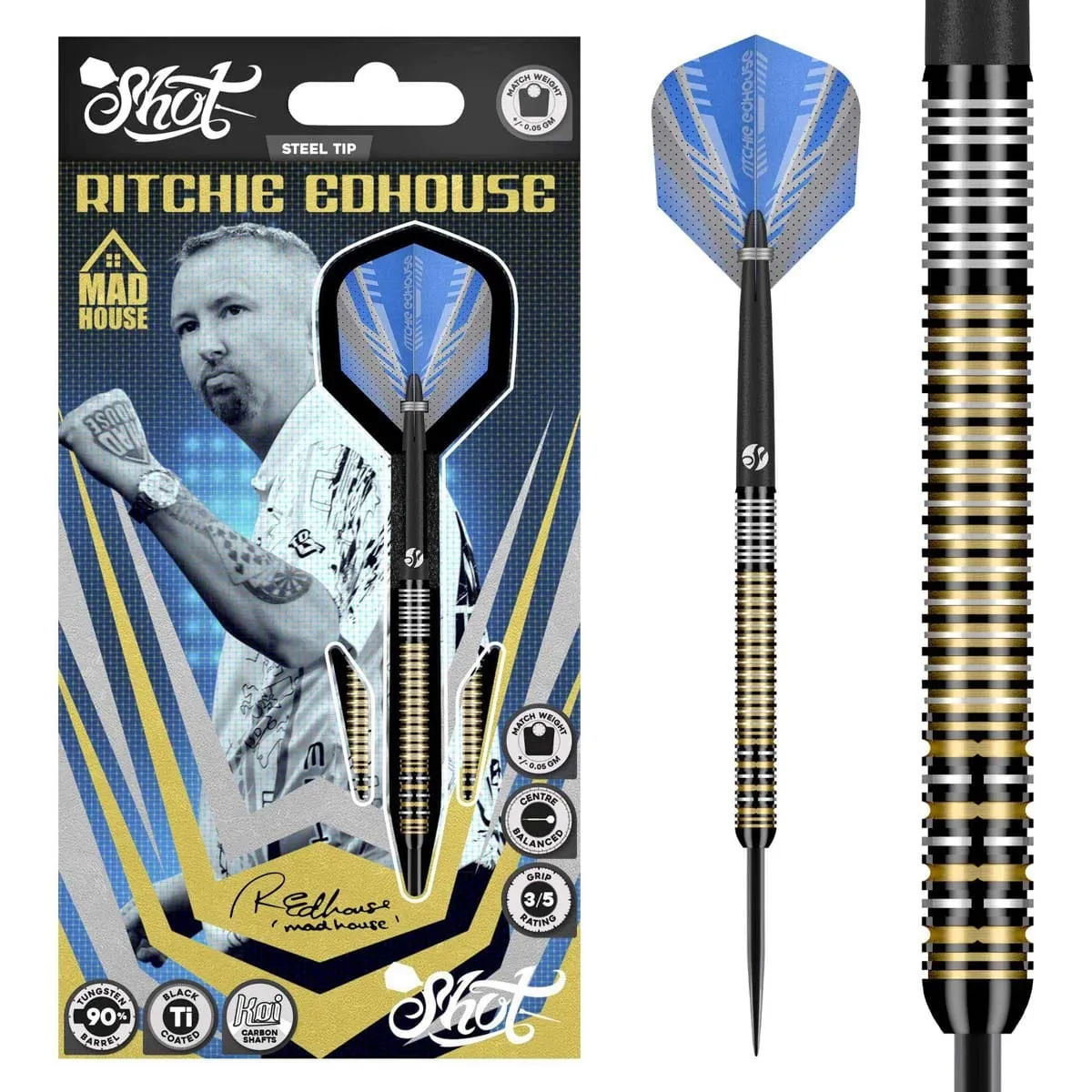 Shot Ritchie Edhouse Madhouse Steel Tip Dart Set-90% Tungsten Barrels