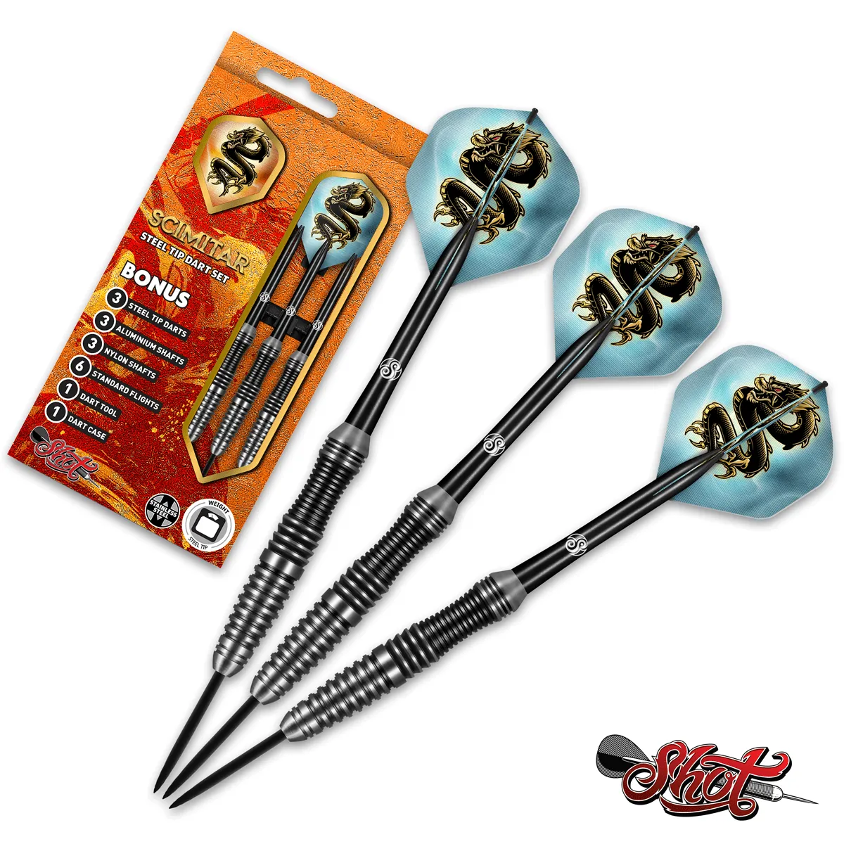 Shot Scimitar Steel Tip Darts Set-Professional Stainless Steel