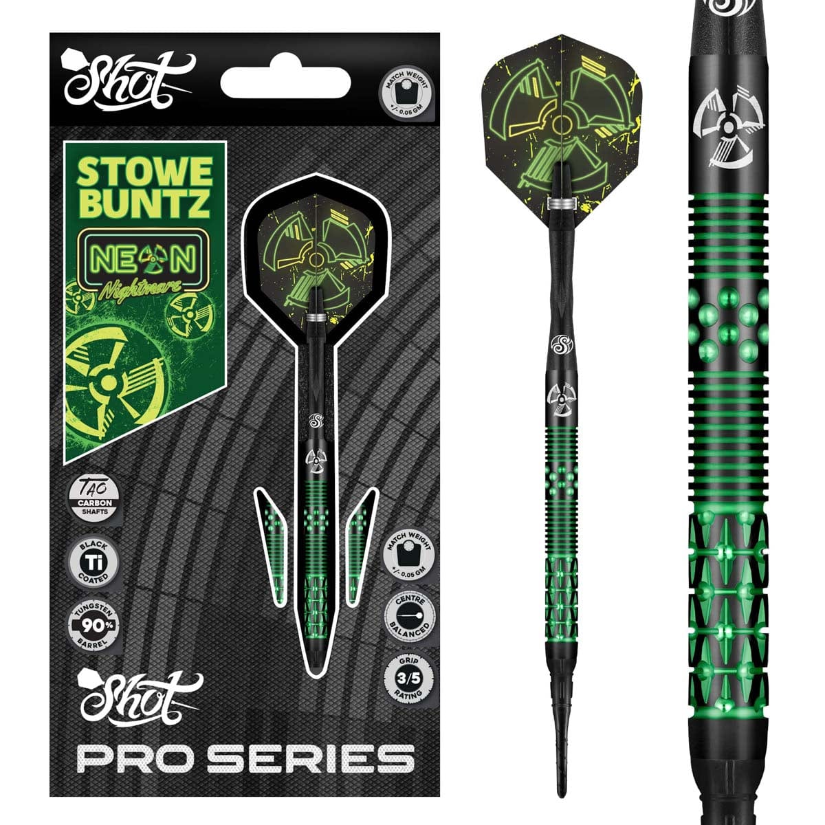 Shot Pro Series–Stowe Buntz 2.0 Titanium Black Soft Tip Dart Set-90% Tungsten Barrels