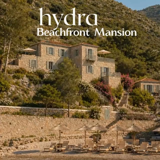 Mansion for sale • hydra • inspirations for renovation • unique seaside location next to a sandy beach • 20 min by walking from the port • 5 min by taxi boat • 8 bedrooms • 250 sqm 