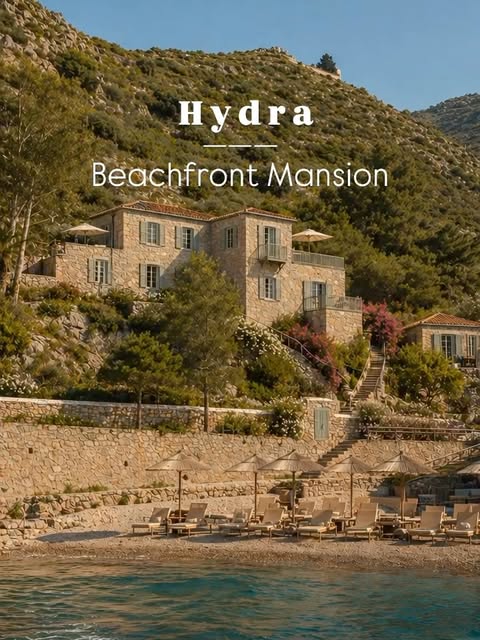 Hydra • Traditional Mansion of 1982 • for sale • Private beach section • beachfront with sunset • fully furnished and operational • 5 min from the port by taxi boat • 20 min by walking 