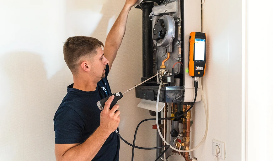 Monteur controleert een cv-ketel met meetapparatuur tijdens onderhoud of inspectie.