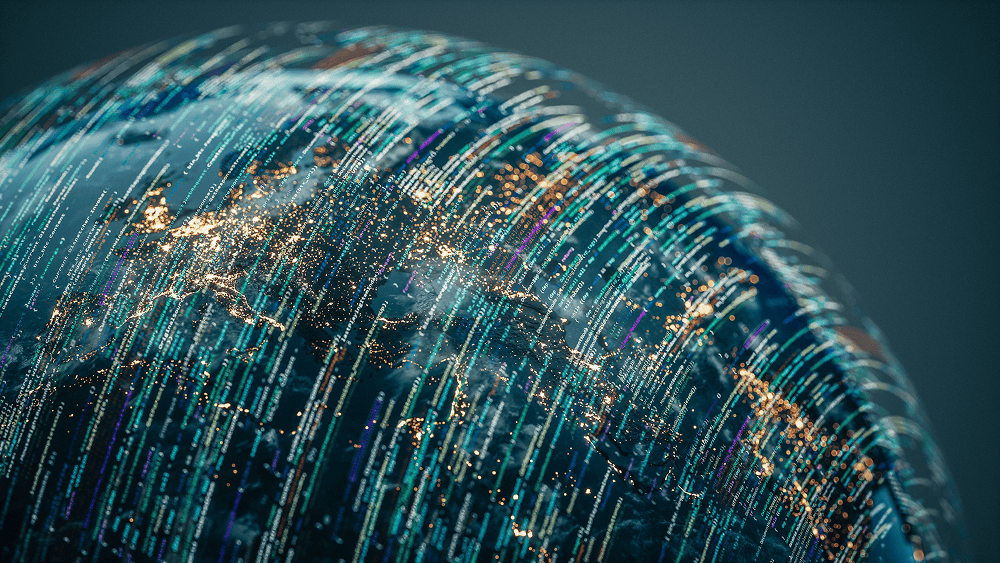 Digitaler Globus aus strömenden Datenlinien und leuchtenden Netzwerkpunkten – Symbolbild für DataTransition