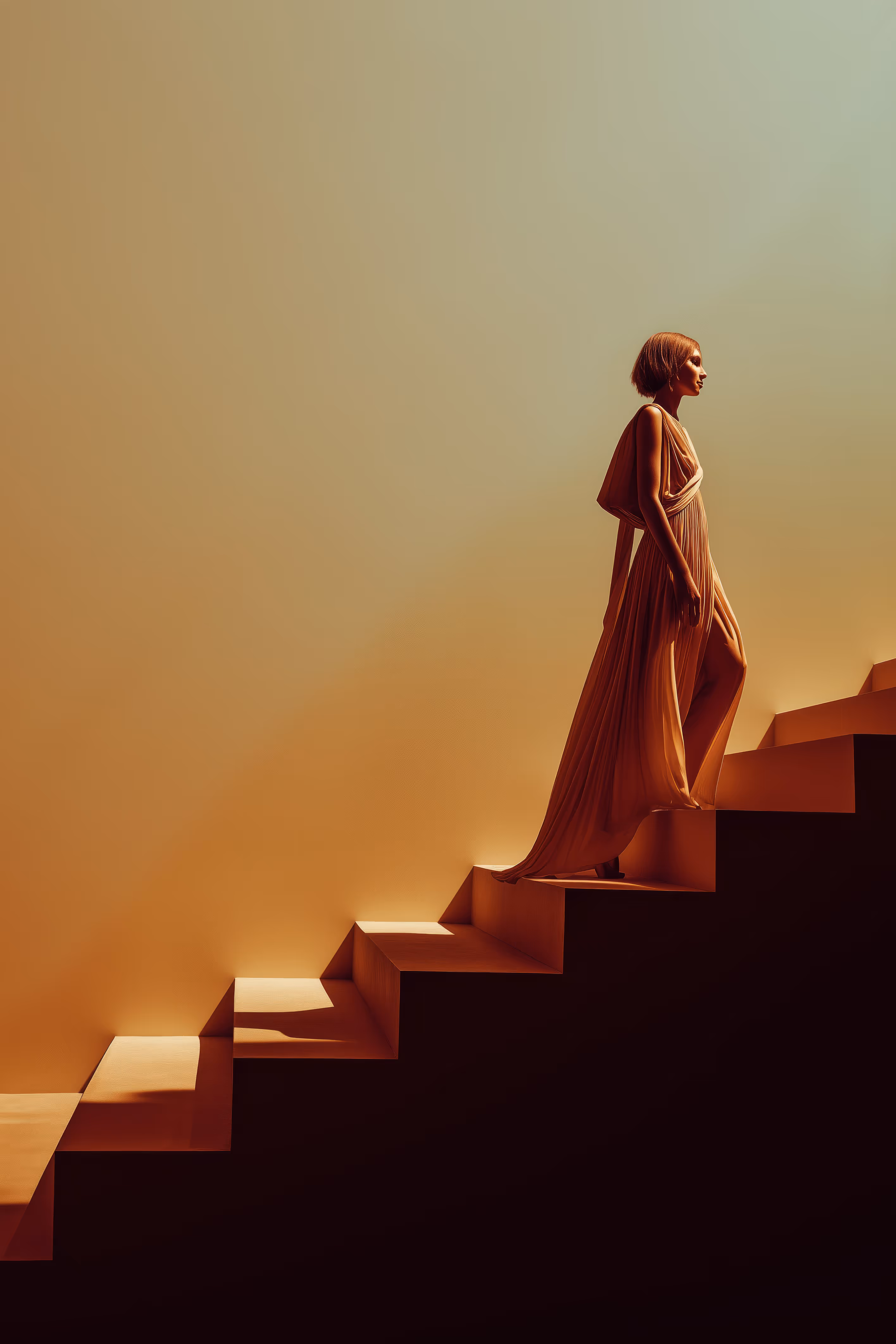 Frau im eleganten, fließenden Kleid steigt eine beleuchtete Treppe hinauf vor einem neutralen Hintergrund.