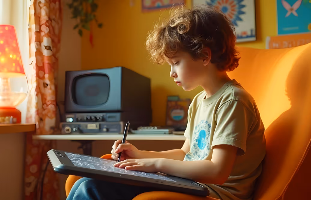 Young boy sitting in an orange chair using a digital drawing tablet with a stylus in a warmly lit room.
