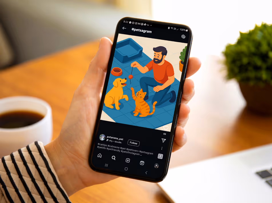 Hand holding a smartphone showing an Instagram post with an illustration of a man playing with a dog and a cat.