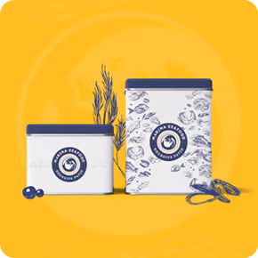 Two white and blue cylindrical containers with seafood illustrations and a seafood company logo on a yellow background.