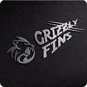 Embroidered logo featuring a roaring grizzly bear head next to bold text reading 'GRIZZLY FINS' on black textured fabric.
