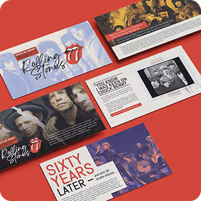 A flat lay of Rolling Stones themed booklet pages featuring vintage photos, text passages, and the band’s iconic tongue logo on a red background.