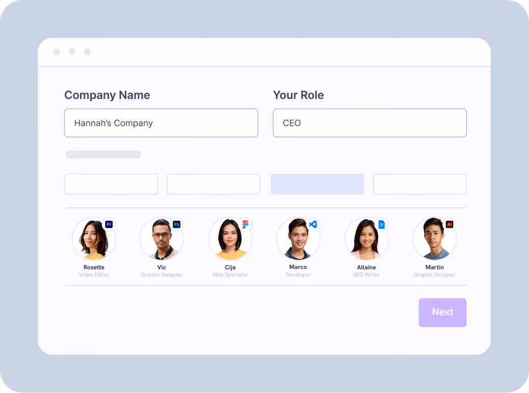 Onboarding form asking for company name, role and matching designers