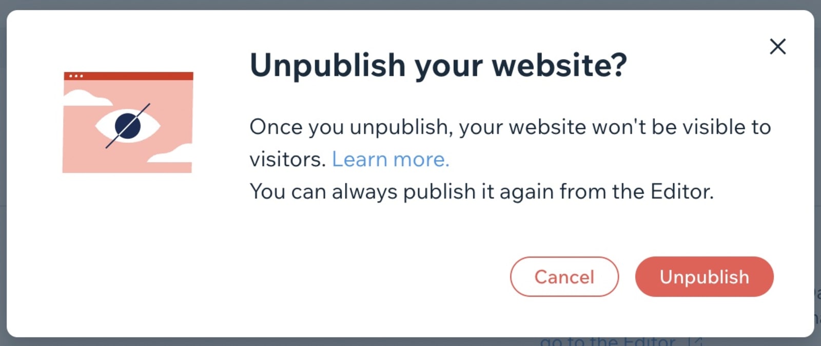 Screenshot of Wix settings to unpublish site.