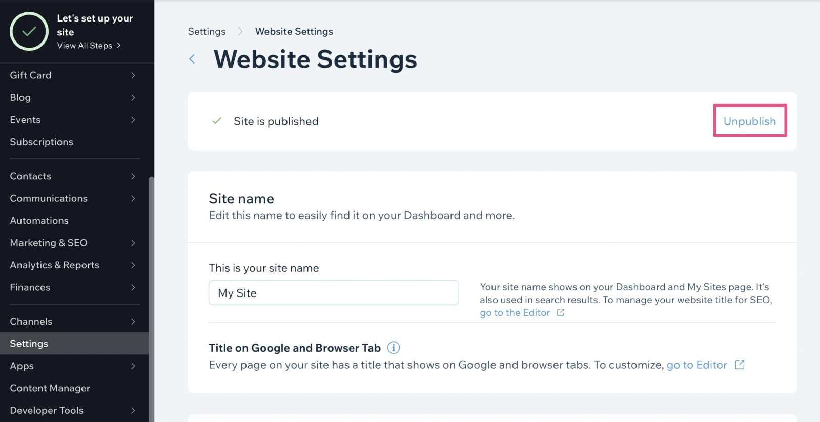 Screenshot of Wix settings to unpublish site.