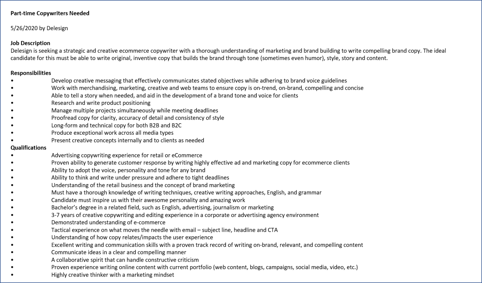 Job Ad for Copywriter