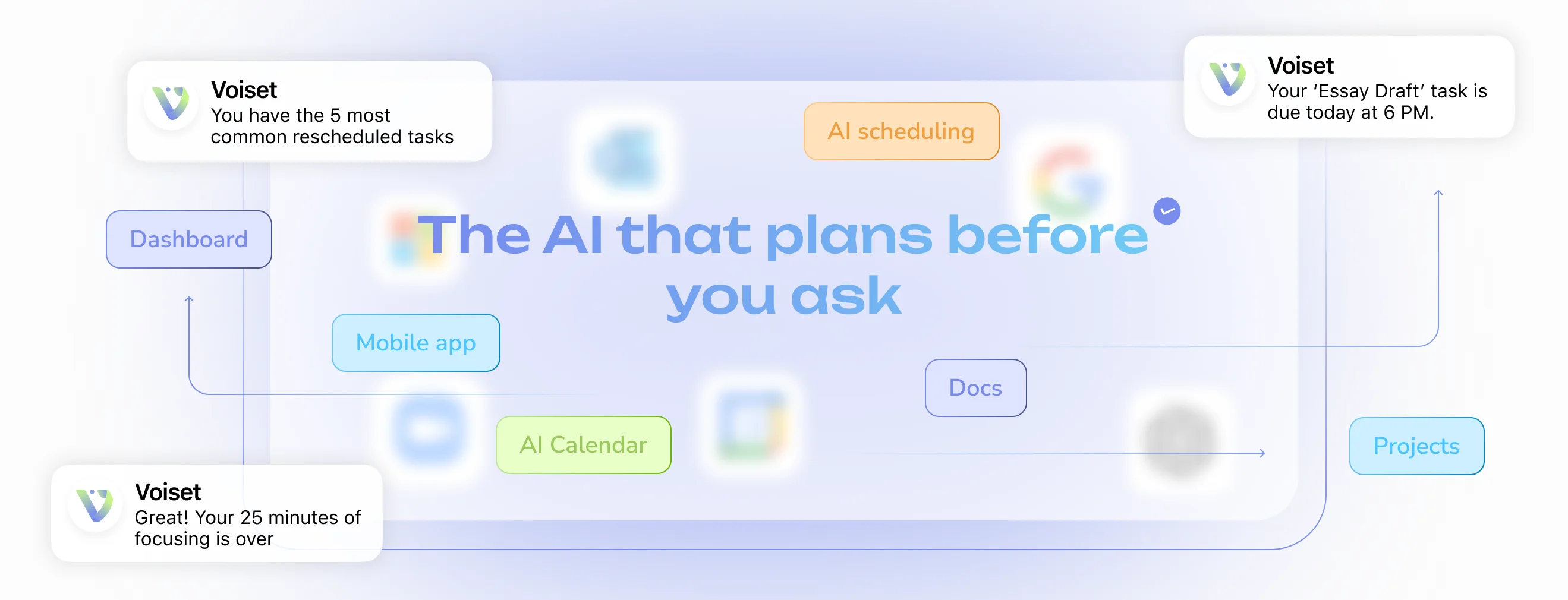 Smart AI task manager dashboard with notifications about deadlines, rescheduled tasks, and focus sessions, connected with Google Calendar and Zoom.