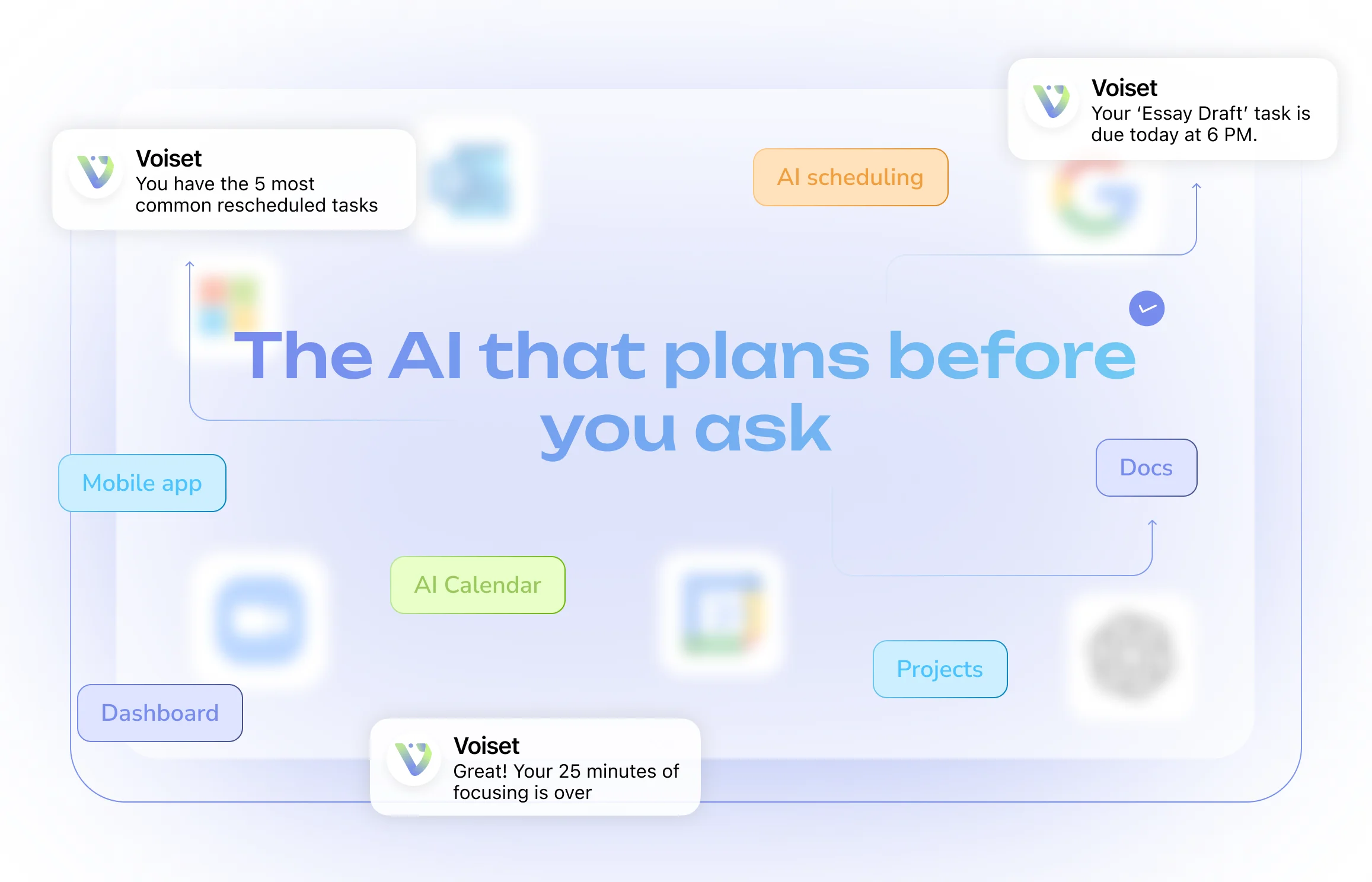 Smart AI task manager dashboard with notifications about deadlines, rescheduled tasks, and focus sessions, connected with Google Calendar and Zoom.